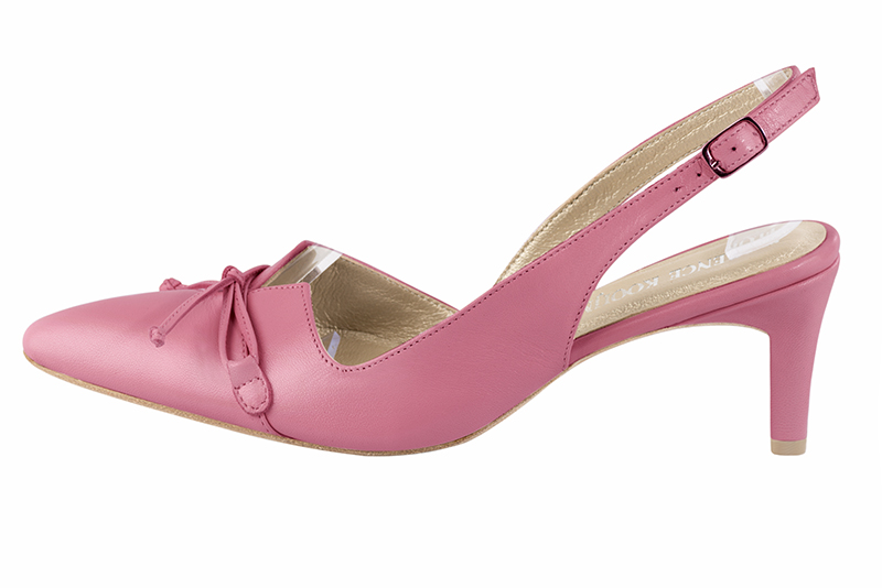 Carnation pink women's open back shoes, with a knot. Tapered toe. Medium comma heels. Profile view - Florence KOOIJMAN